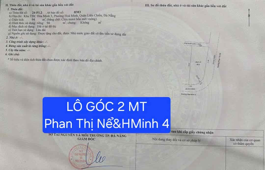 Đất lô góc 2 mặt tiền đường Phan Thị Nể & Hòa Minh 4 - cách biển chỉ 70m