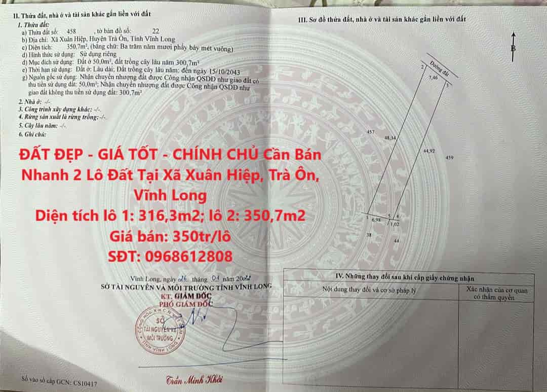 ĐẤT ĐẸP - GIÁ TỐT - CHÍNH CHỦ Cần Bán Nhanh 2 Lô Đất Tại Xã Xuân Hiệp, Trà Ôn, Vĩnh Long