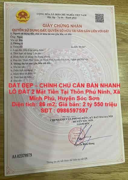 ĐẤT ĐẸP – CHÍNH CHỦ CẦN BÁN NHANH LÔ ĐẤT 2 Mặt Tiền Tại SÓC SƠN, Thành Phố HÀ NỘI