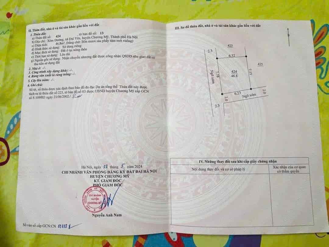 Chính chủ cần  bán lô đất tại Đại Yên - Chương Mỹ , Diện tích : 46,8m2 , lô góc 2 mặt tiền