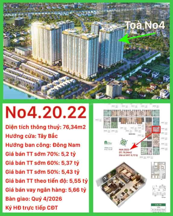 Căn 3 ngủ103m2 tầng đẹp hướng Đông Nam tại Hanoi Melody Residences Linh Đàm