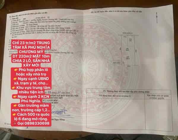 23 tr/m2 TRUNG TÂM XÃ PHÚ NGHĨA CHƯƠNG MỸ
DT 220m2 MẶT 10m CHIA 2 LÔ, SẴN NHÀ XÂY MỚI