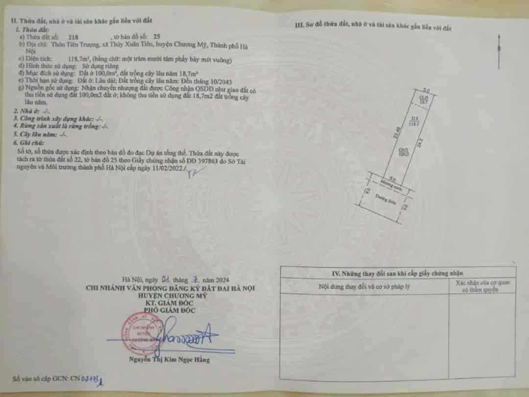 DT 118,7m. Mặt tiền= hậu 5m, Vị trí: Tiên Trượng, Xã Thuỷ Xuân Tiên, Chương Mỹ, HN