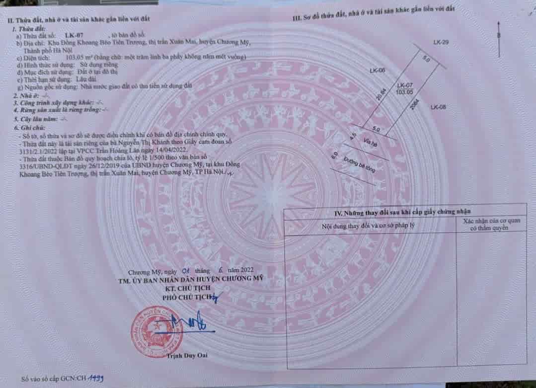 Chủ cần bán lô đất 103m tại khu đấu giá khoang bèo TT xuân mai chương mỹ hà nội