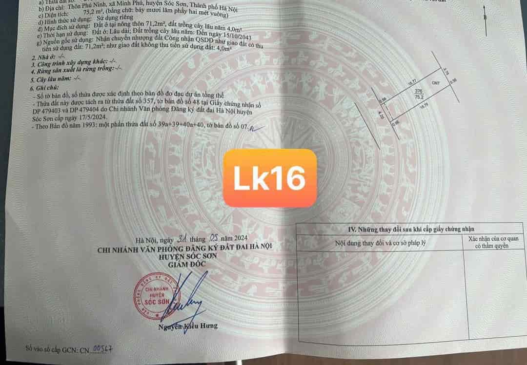 BÁN ĐẤT THỔ CƯ 72M2 VỊ TRÍ VÀNG MINH PHÚ SÓC SƠN HÀ NỘI  CHỈ 1.65 TỶ SỔ ĐỎ CHÍNH CHỦ