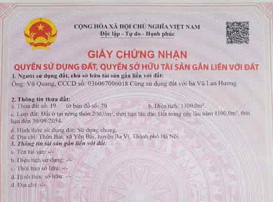 Chính chủ cần bán nhanh lô đất vị trí đẹp tại huyện Ba Vì, Tp Hà Nội