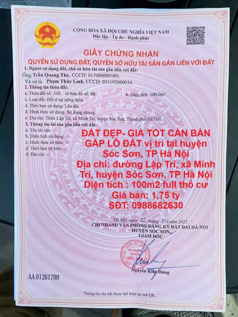 ĐẤT ĐẸP- GIÁ TỐT CẦN BÁN GẤP LÔ ĐẤT vị trí tại huyện Sóc Sơn, TP Hà Nội